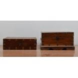 Two mahogany and brass bound storage boxes, both with brass handles and fitted interiors, one