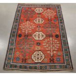 A Caucasian style wool on wool rug, multi-coloured with geometric pattern, some fading, AF, 245cm