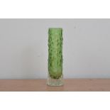 Geoffrey Baxter for Whitefriars, a narrow textured 'Bark' vase, pat. no. 9729, green colour, 15cm