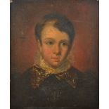 19th century school, A portrait of a boy, oil on panel, with some wear, unframed, 21cm x 17.5cm