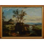 19th century school, a mountainous landscape, oil on board, glazed and in a maple frame, 44.5cm x
