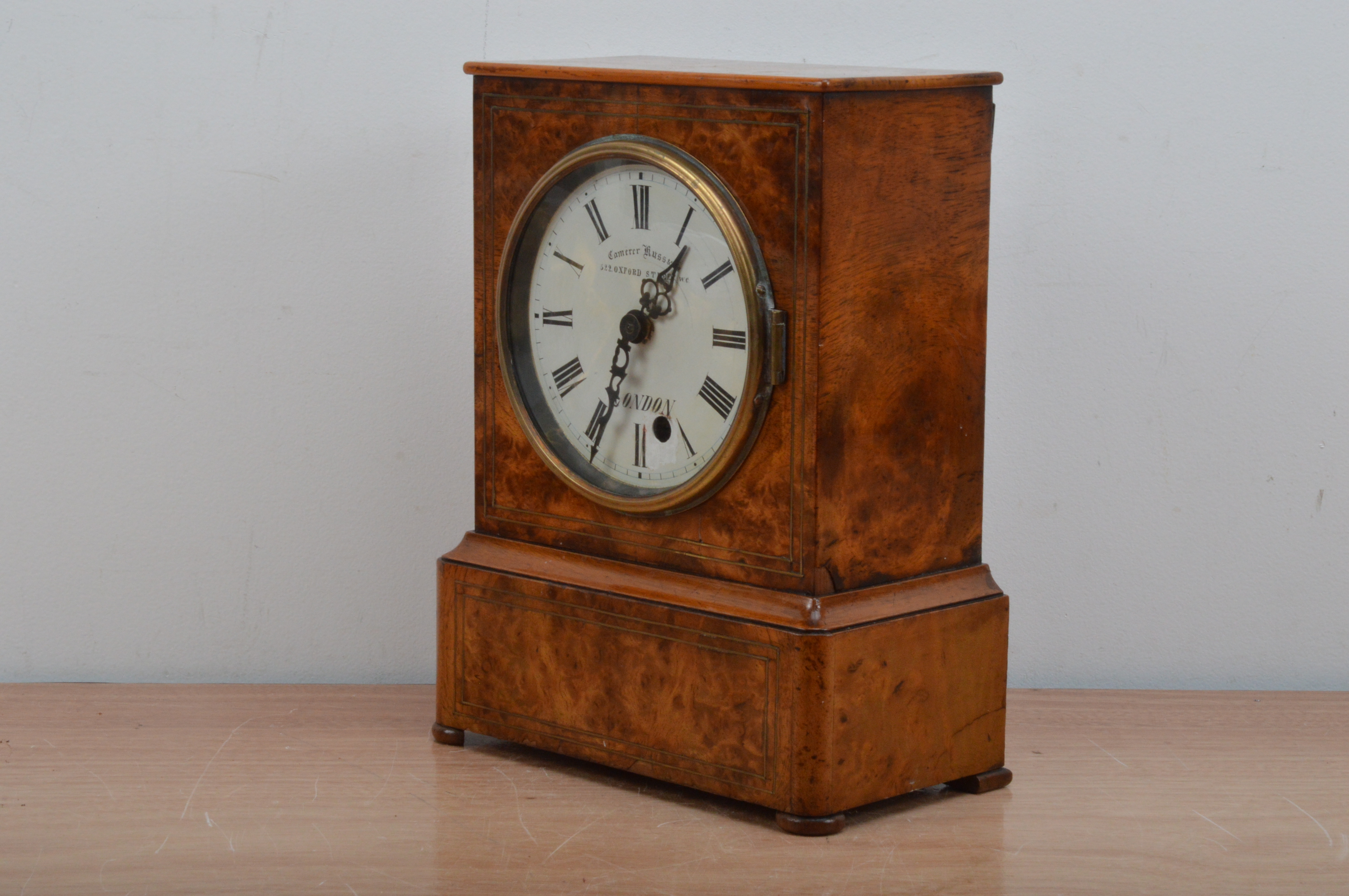 A 19th century burr walnut cased mantel clock, retailed by Camerer Russ & Co, 522 Oxford Street, - Image 2 of 3