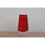 Geoffrey Baxter for Whitefriars, a coffin textured vase, no. 9686, ruby colour, 13cm high