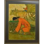 20th century school, a far eastern work on silk, of a lady kneeling in front of a man on a cart,