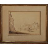 19th century English School, a city street scene, watercolour on paper, signed bottom left T.M.
