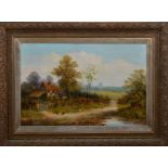 A continental oil on board, a farm cottage by a pond, oil on board, in a scrolling gilt frame, frame