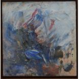 An abstract mixed media work on canvas, in a wooden frame (the bottom section broken off), signed