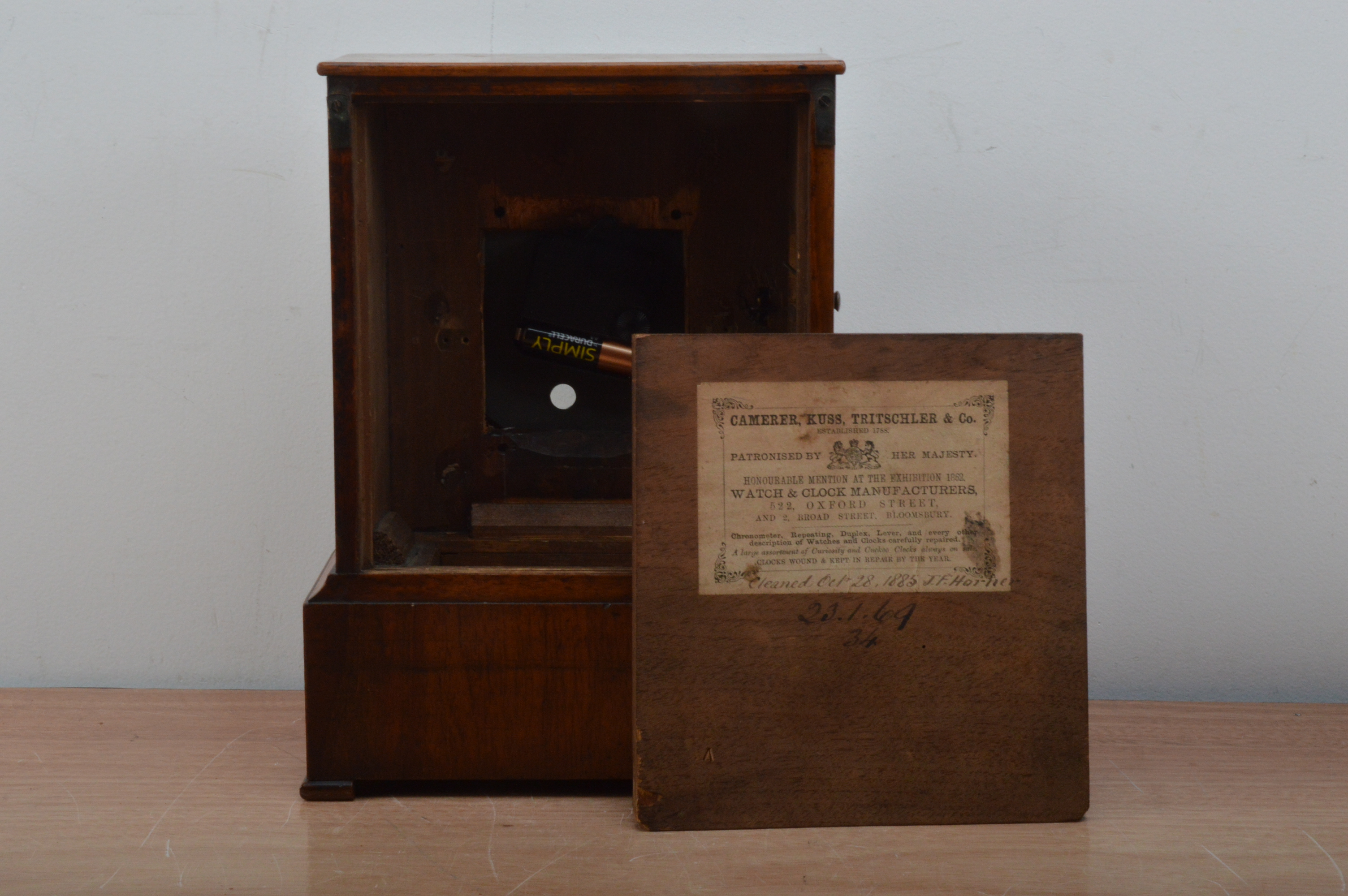 A 19th century burr walnut cased mantel clock, retailed by Camerer Russ & Co, 522 Oxford Street, - Image 3 of 3