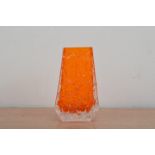 Geoffrey Baxter for Whitefriars, a coffin textured vase, pat. no. 9686, tangerine colour, 13cm high