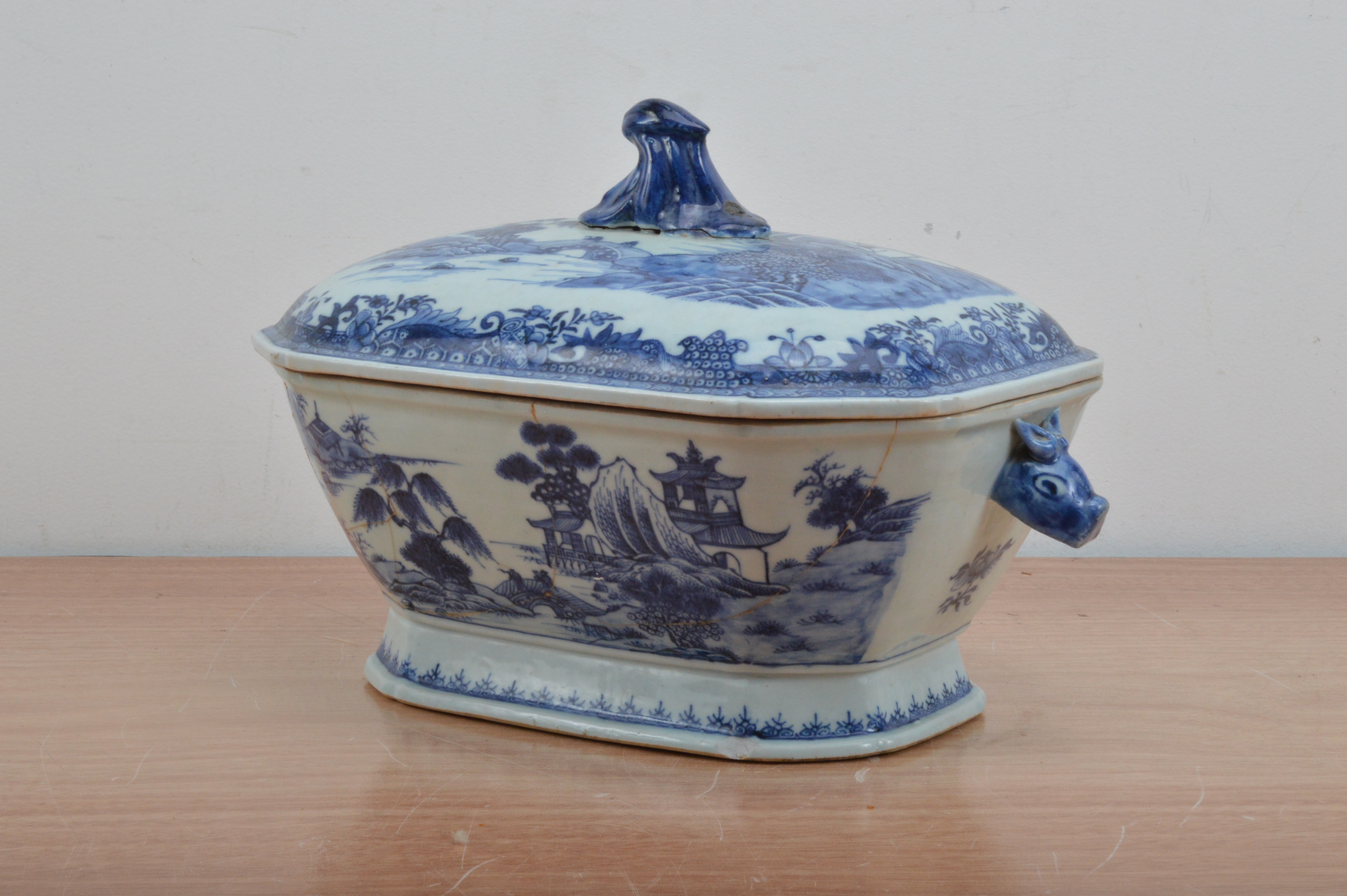 A Chinese ceramic twin handled tureen and cover, transferware design, the body cracked and repaired, - Image 2 of 2