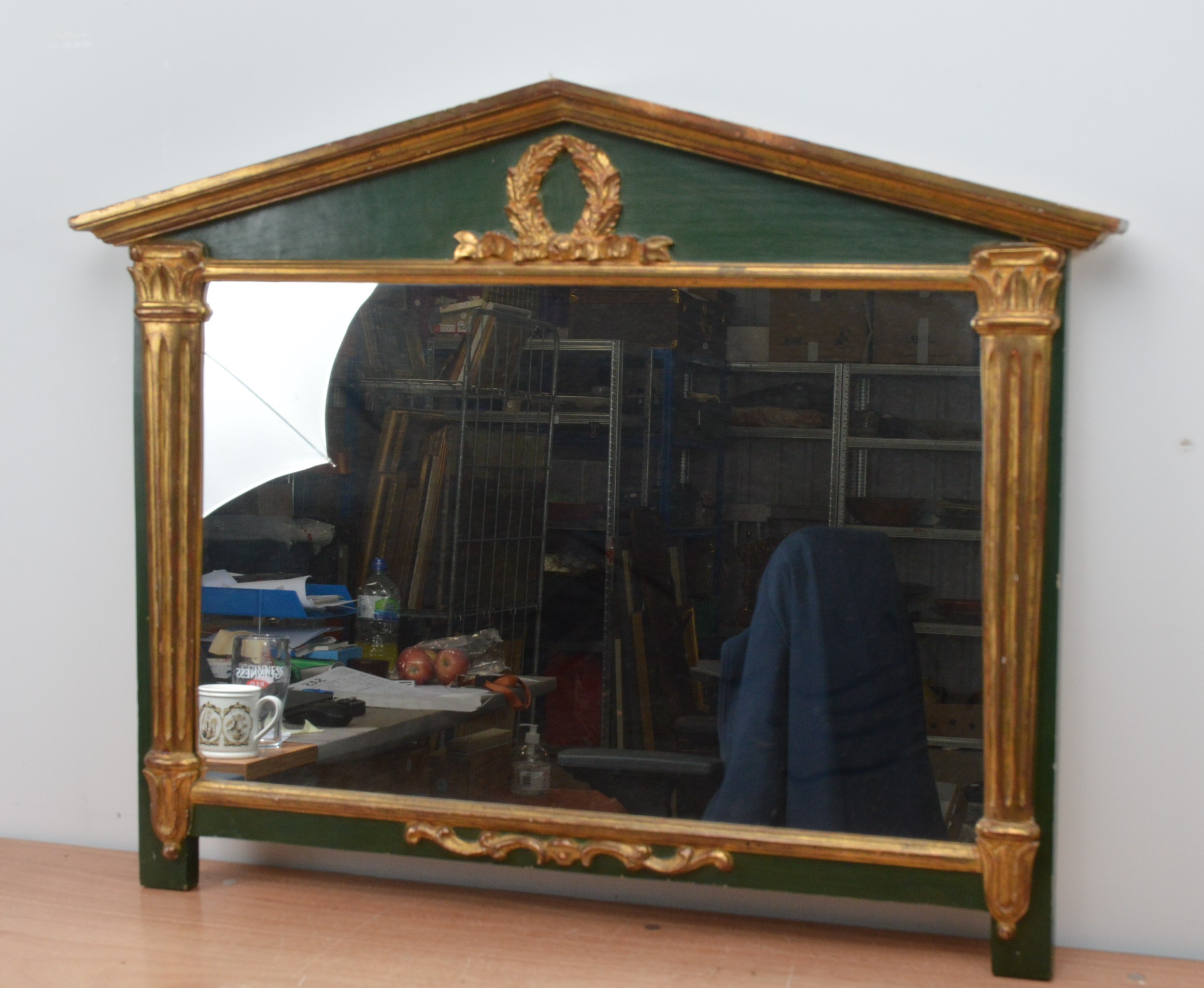 A Georgian revival 20th century over mantle mirror, green and gilt painted, some wear to the