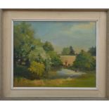 20th century British school, a countryside landscape with two figures, oil on board, signed M.C.
