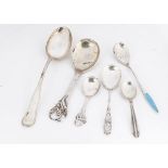 Five Art Deco and later Danish silver spoons, one longer sifter spoon with blue enamel to handle and