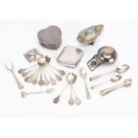 A group of silver and silver plate, including several silver teaspoons marked Surrey, a dented