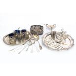 A collection of silver plated items, including a wine bottle coaster, a Sheffield plate salver,