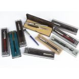 Ten Parker biro and roller ball pens, various colours and each boxed