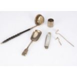 Six 19th and 20th century collectable silver items, including two miniature gardening tools, a