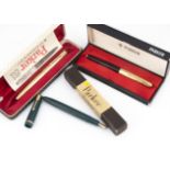 Three 1970s and later Parker fountain pens, including a gold plated 61 in box, a boxed 51 with black