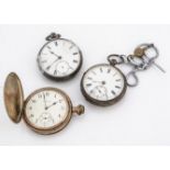 Two Victorian silver open faced pocket watches, together with a gold plated full hunter pocket