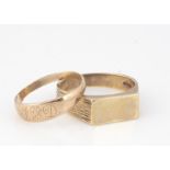 Two 9ct gold signet rings, including a gentleman's textured example with rectangular tablet top,