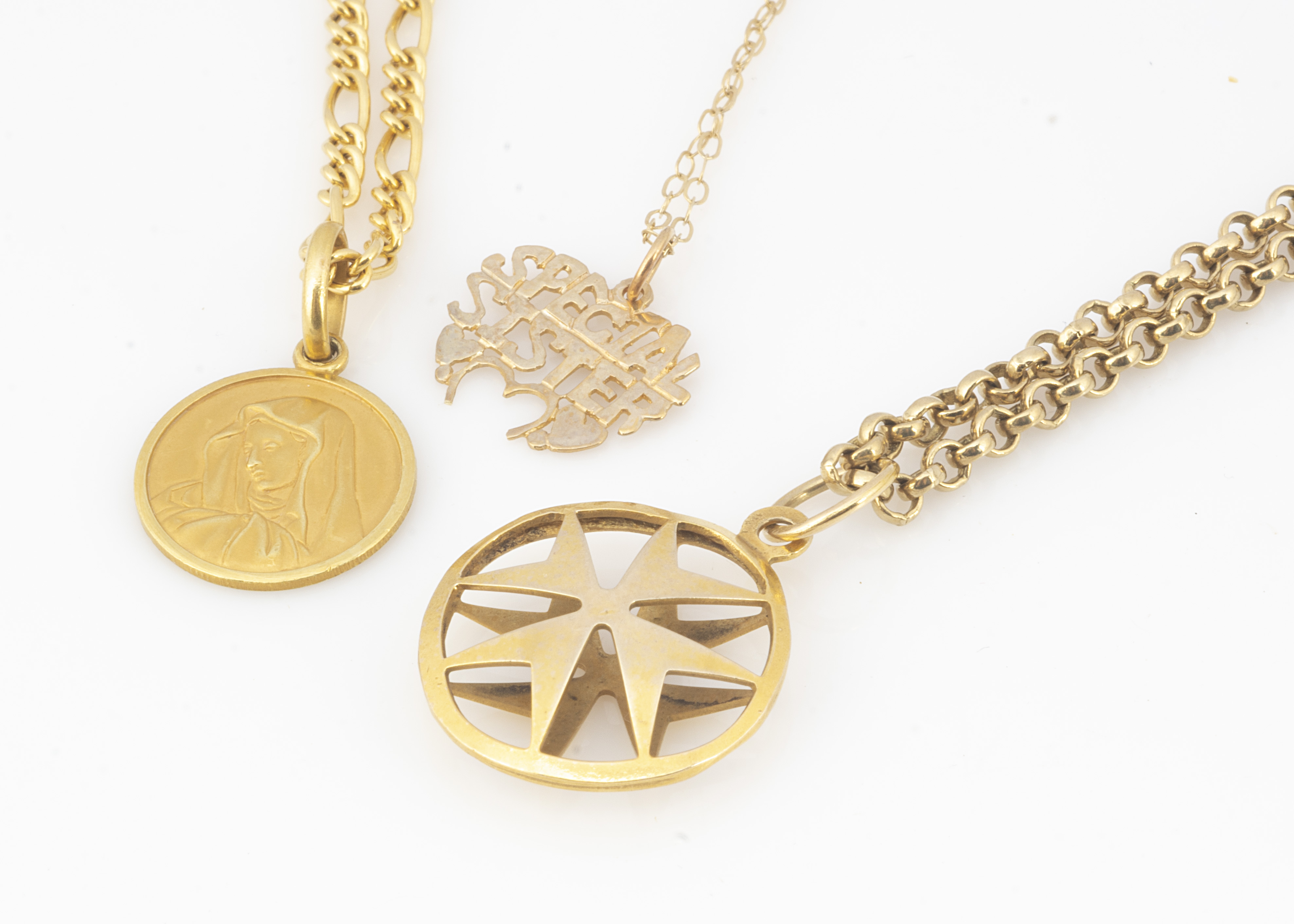 An 18ct gold Madonna pendant, 2g, on a 9ct gold chain, a 9ct gold Maltese cross on gold chain and