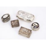 Five collectable silver boxes, one small circular modern box with bulldog, a snuff box style box and
