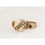 A 15ct gold seed pearl and ruby signet ring, ring size I, 2.9g