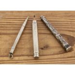 Three Victorian and later silver pencils from Sampson Mordan & Co, including a plain barrel drop,