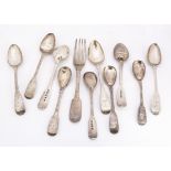 An harlequin group of ten William IV period Irish silver spoons and a fork, six teaspoons, four