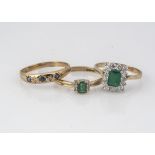 Three 9ct gold gem set rings, including a sapphire and diamond five stone gypsy set example, ring