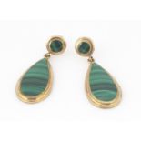 A pair of malachite oval drop earrings, with post backs, 4cm x 1.5cm, 8g