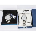 Two modern Seiko automatic stainless steel wristwatches, both boxed, including a silver faced French