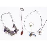 A small collection of contemporary jewellery, including an amethyst and cultured pearl fringe