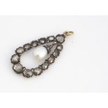 A 19th century pearl and diamond oval drop pendant, the rose cut diamonds in silver rubbed over