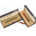 Two modern Parker Laque pens, including a burnt orange fountain pen with 14ct gold nib, and a