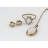 A collection of opal 9ct gold set jewellery, including cluster ring, ring size O, opal oval drop