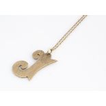 A 9ct gold J pendant, with textured finish on a fine gold chain, 23cm, 4.8g