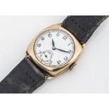 A 1940s Longines manual wind 9ct gold case wristwatch, AF, 30mm square case, white enamel dial,