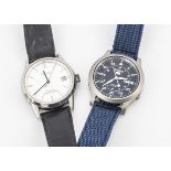 Two modern Seiko automatic stainless steel cased wristwatches, one Seiko 5 with blue dial, the other