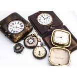 Six watches and clocks, AF, including a silver half hunter, a silver half hunter wristwatch, a