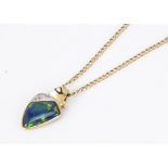 An 18ct gold black opal and diamond triangular pendant, on a flattened curb link 18ct gold chain,