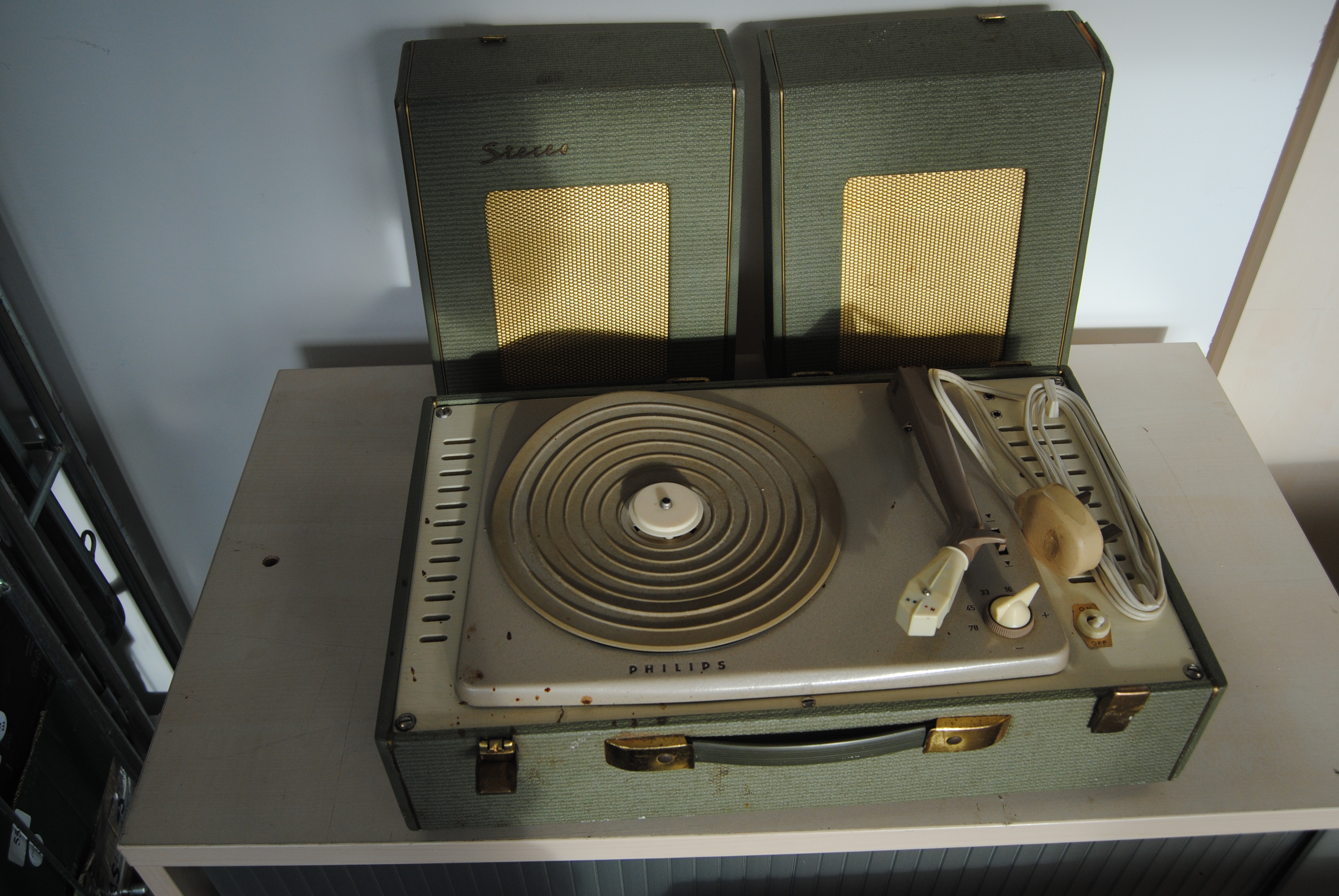 Portable Record Players, a Fidelity Record Player suitcase vanity style red /cream 1960s together