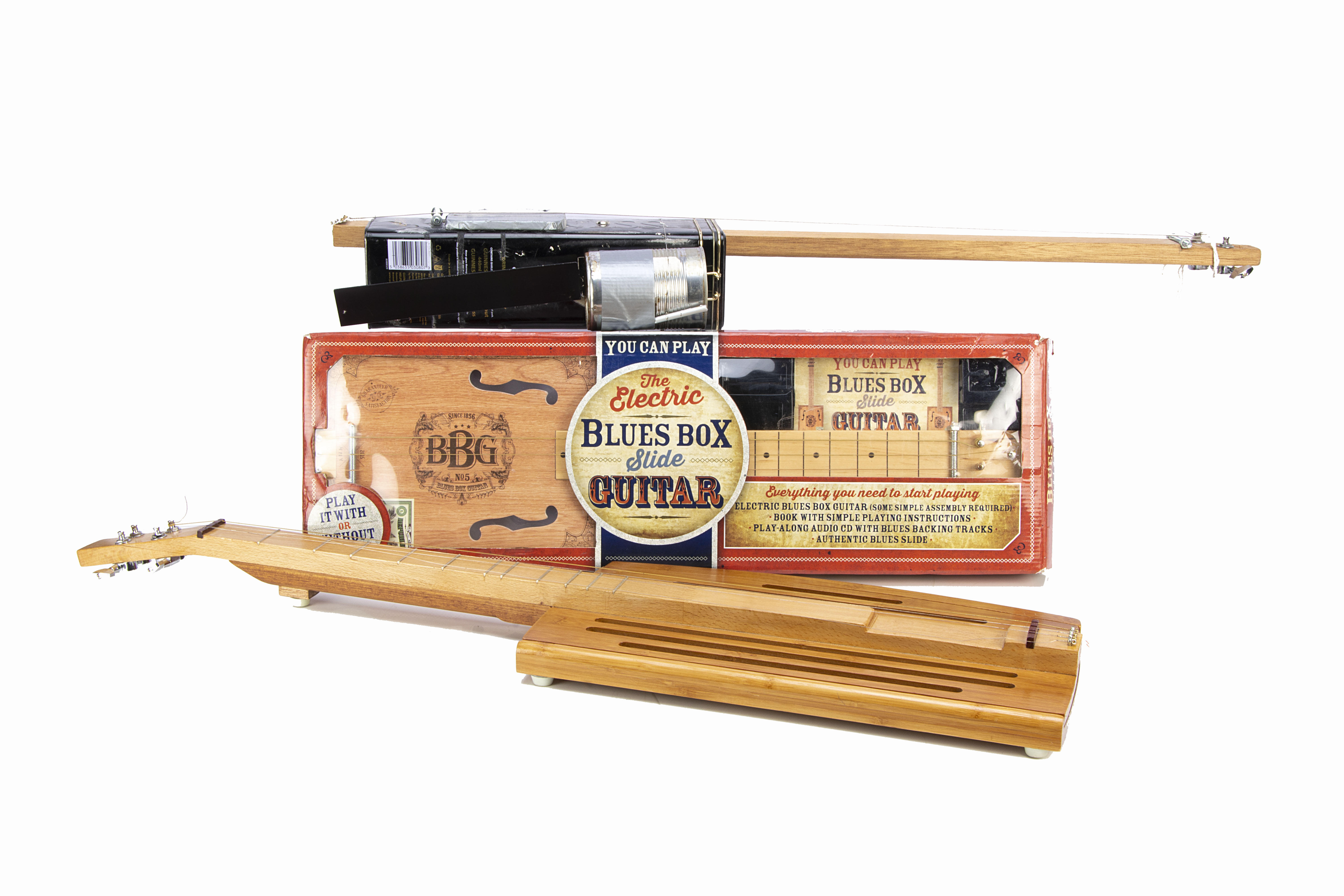 Cigar Box Guitars, two home made Cigar Box Guitars and a Kit - comprising a two string acoustic ('