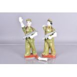 Two Red Army pottery figures, one of a PLA Soldier, the other of a female of the Propaganda Team,