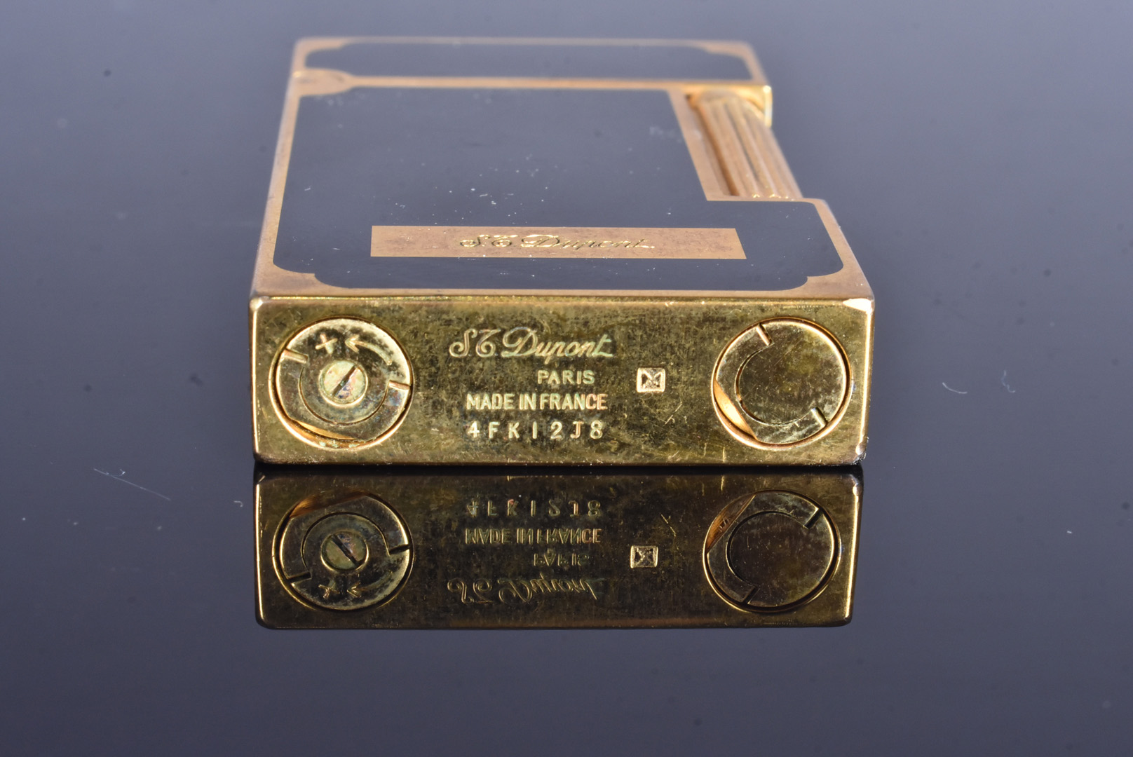 Three reproduction Dupont yellow metal pocket lighters, one with engine turned design, one with - Image 4 of 4