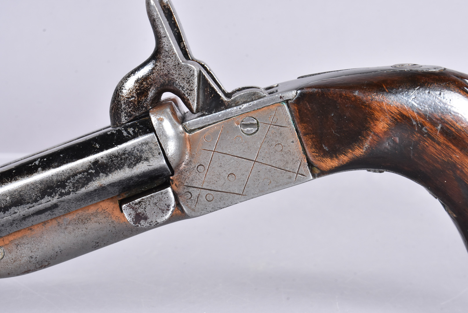 A 19th Century Continental Pin-Fire Double Barrelled pistol, with 10.8cm long octagonal barrels, - Image 3 of 7