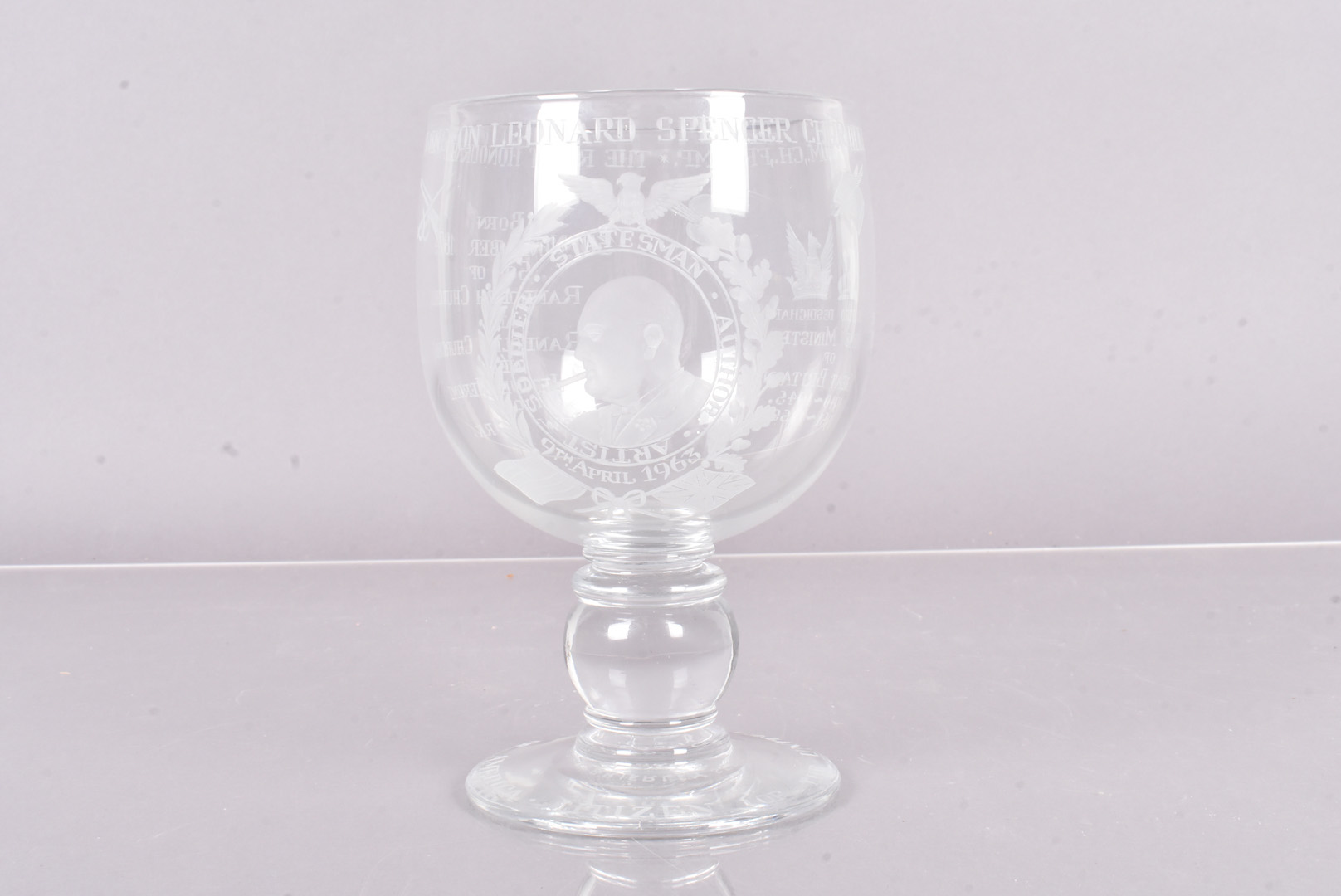 Royal Brierley, a Commemorative Winston Churchill glass goblet, the bowl with extensive engraving by