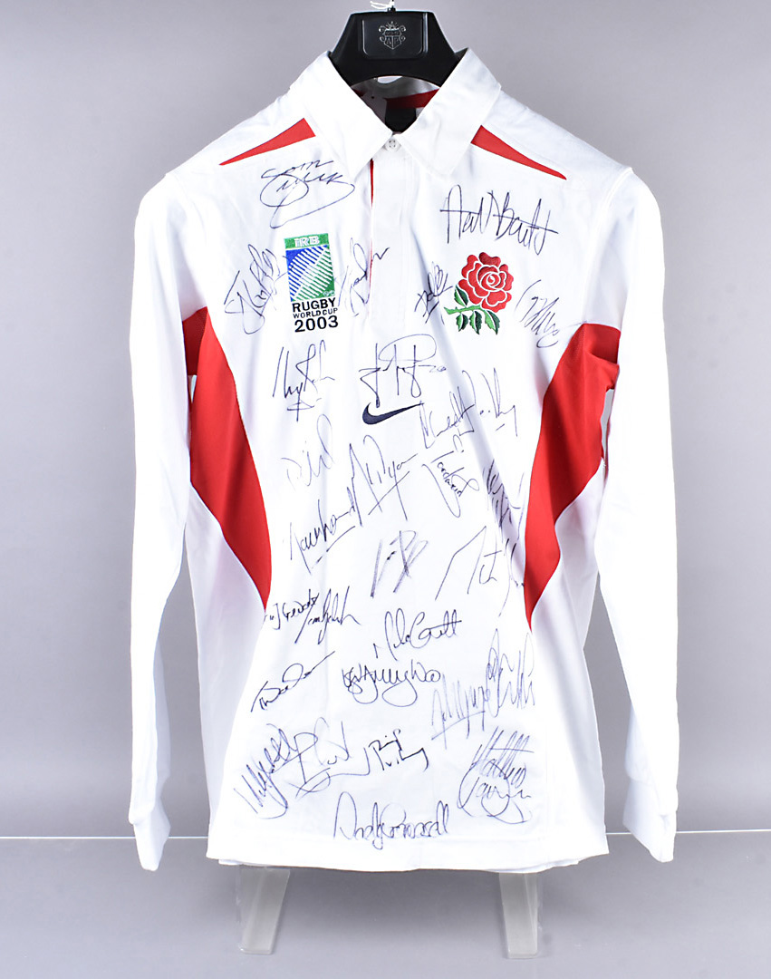 England 2003 Rugby World Cup Winners signed shirt, comprising are Iain Balshaw, Ben Cohen, Josh