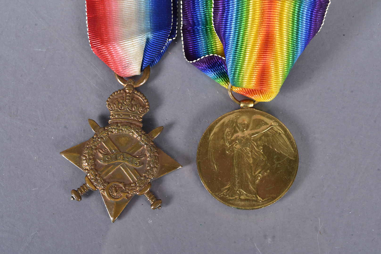 A WWI Durham Light Infantry duo, comprising Victory and 1914-15 Star, awarded to Private R W