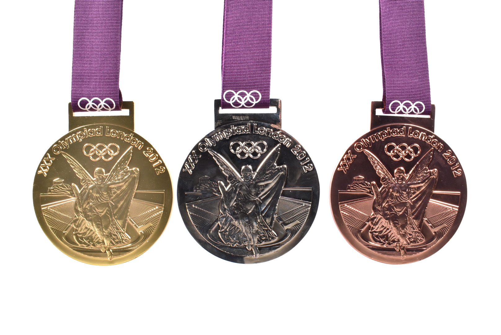 2012 London Olympic medals, possibly reproduction, designed by David Watkins, with winged Nike